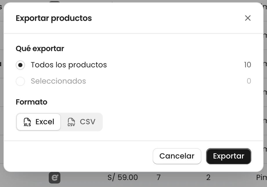 Exportación de productos a Excel o CSV desde el panel