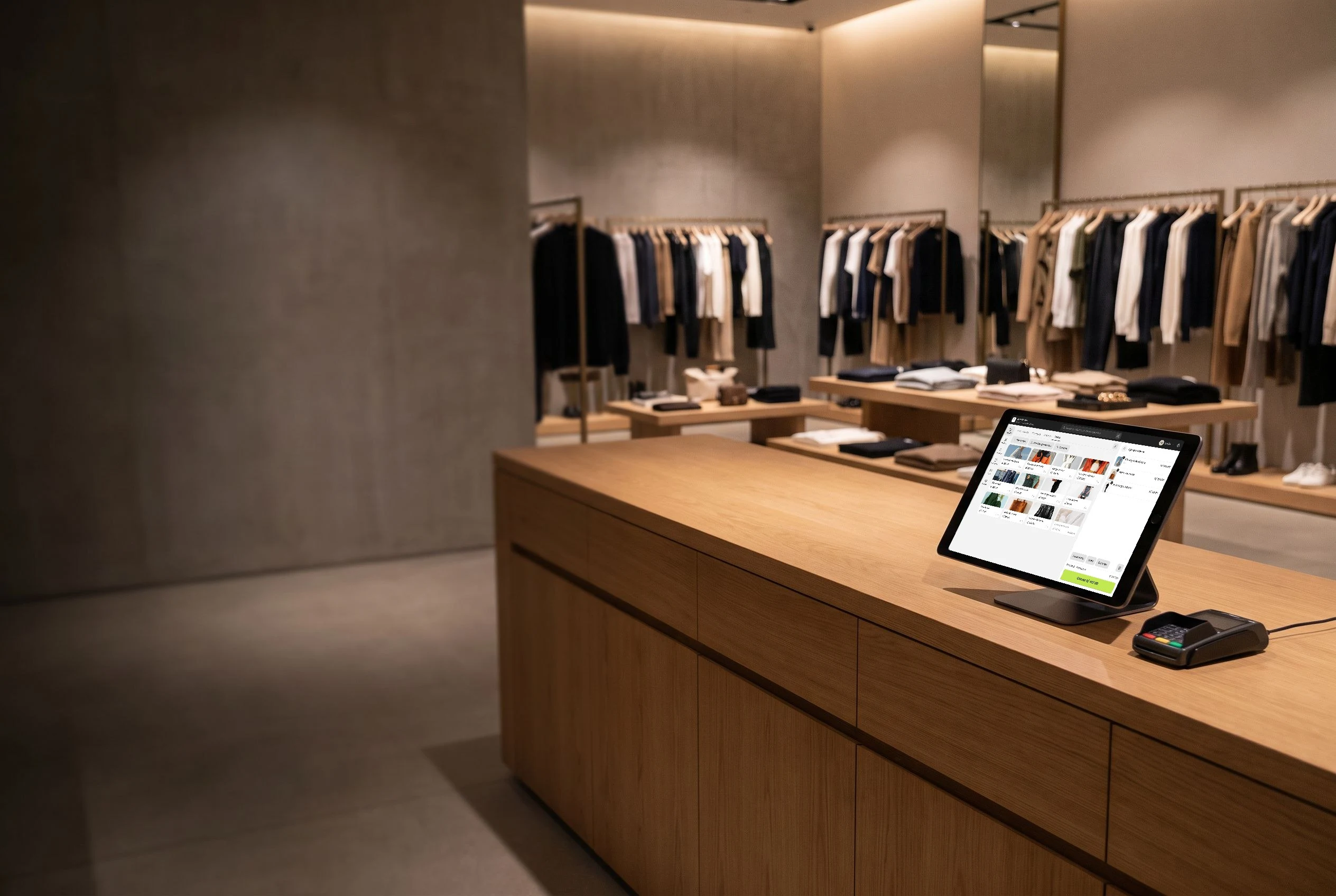 Tienda insignia de ropa con el punto de venta de Ecomiq sobre el mostrador