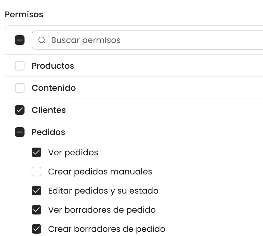 Edición del rol Atención al cliente con sus permisos de clientes y pedidos