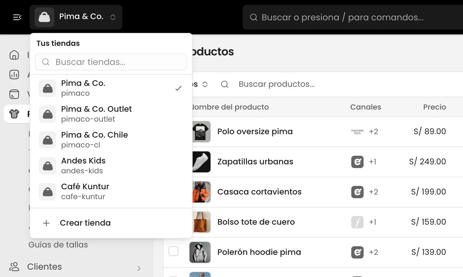 Panel de Ecomiq con el selector de tiendas abierto: Pima & Co., su outlet, su tienda en Chile y otras marcas de la misma cuenta